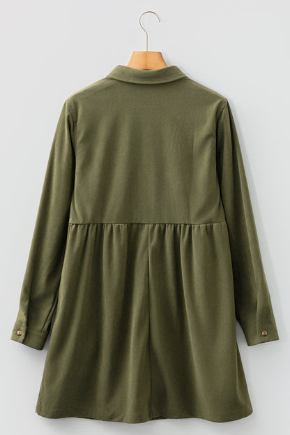 Black Corduroy Half Button Collared Long Sleeve Mini Dress