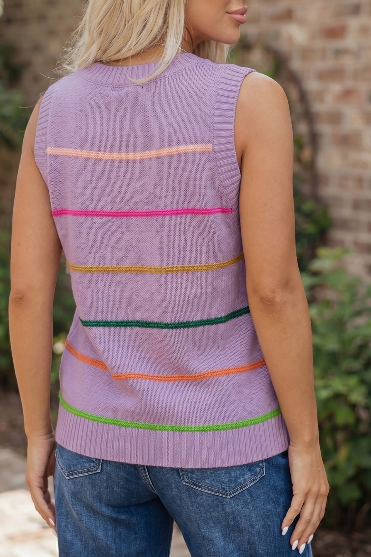 Sky Blue Stripe Round Neck Knitted Sweater Tank