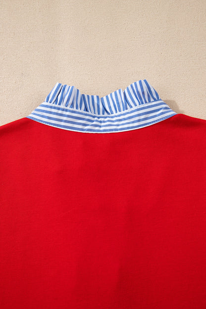 Fiery Red Contrast Striped Collar Patchwork Puff Sleeve Ruffle Hem Mini Dress