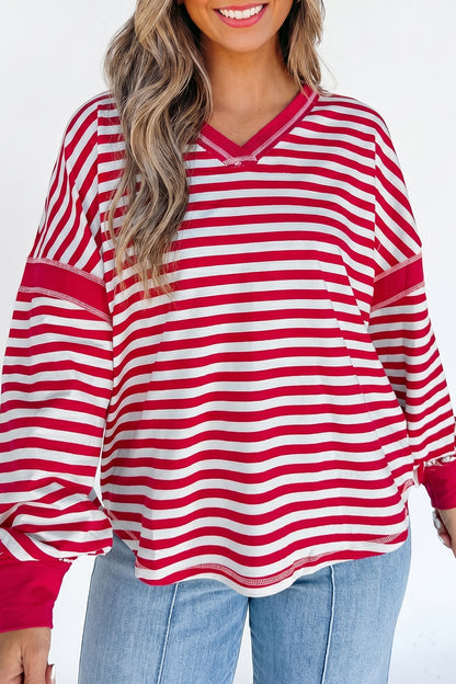 Red Stripe Exposed Seam V Neck Balloon Sleeve Pullover
