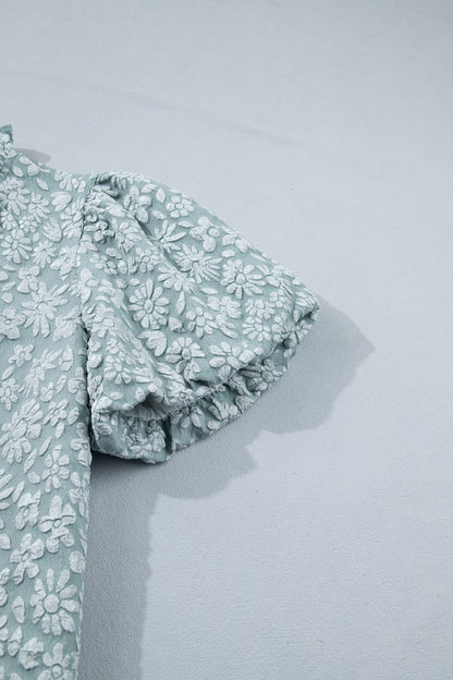 Iceland Blue Floral Textured Jacquard Puff Sleeve Blouse