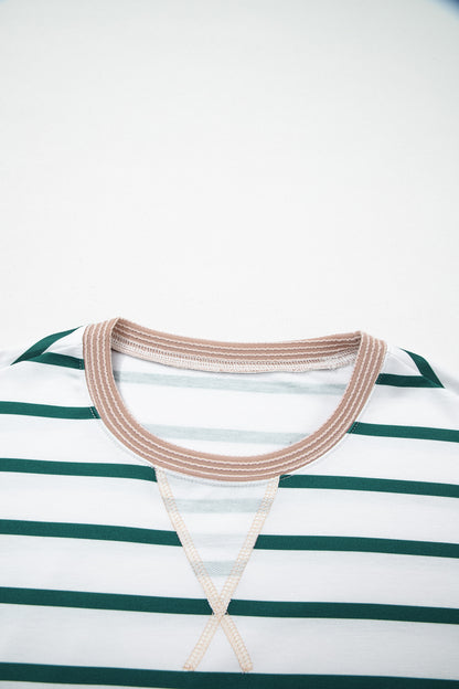 White Stripe Twisted Ribbed Patchwork Drop Shoulder Round Neck Sweatshirt