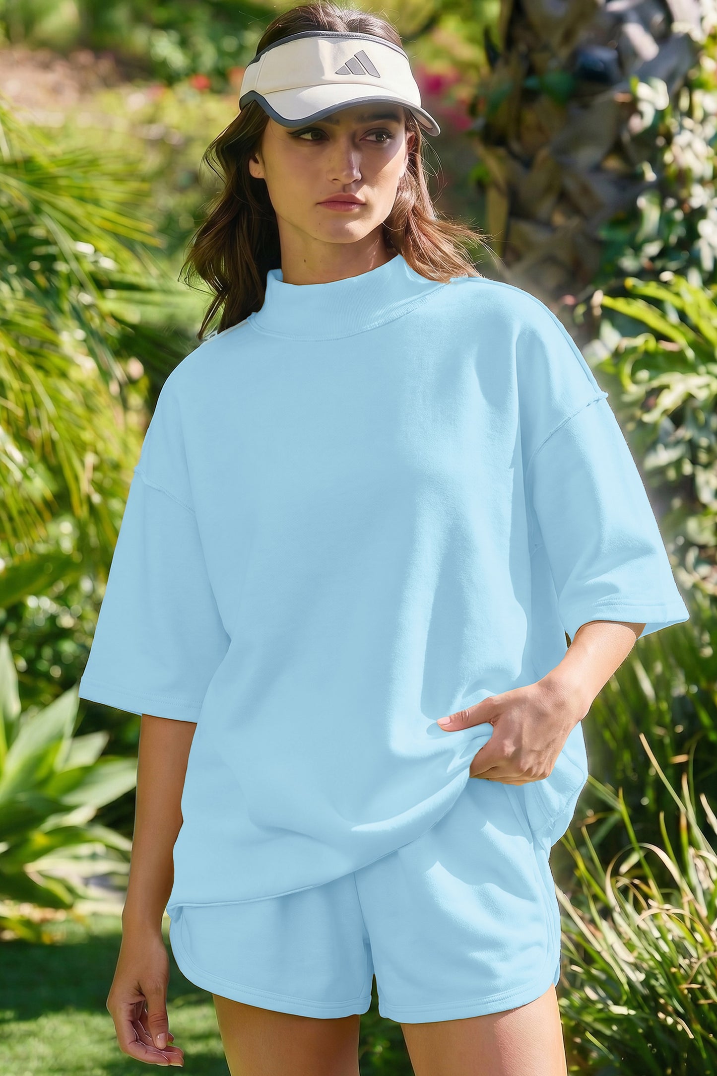 Moonlight Jade Solid Color Exposed Seam Mock Neck Oversize Tee Casual Shorts 2pcs Outfit