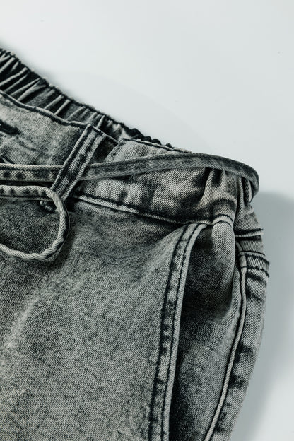 Smoke Gray Acid Wash Barrel Fit Denim Pants with Waist String