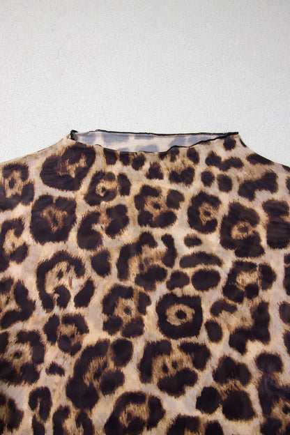 Camel Slim Fit Floral Mesh Long Sleeve Mock Neck Top
