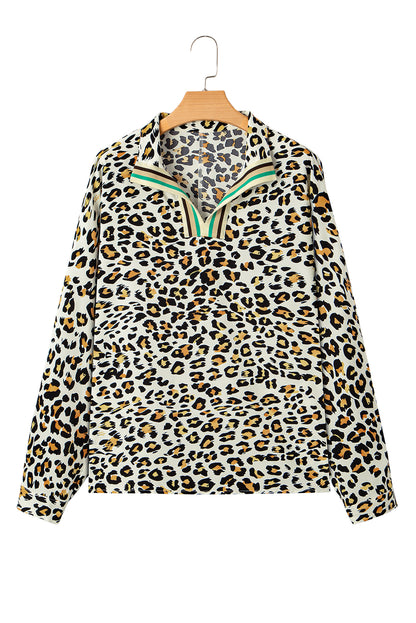 Khaki Leopard Print Contrast Striped V Neck Blouse