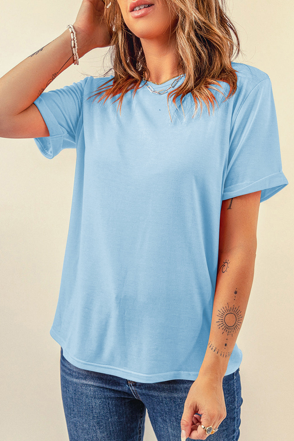 Red Casual Plain Crew Neck Tee