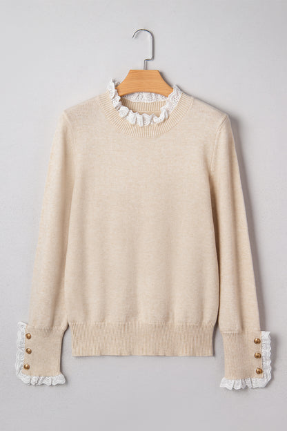 Jet Stream Lace Trim Patchwork Buttoned Cuffs Loose Sweater