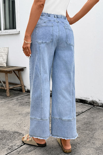Beau Blue Drawstring Seam Detail Raw Hem Wide Leg Denim Pants