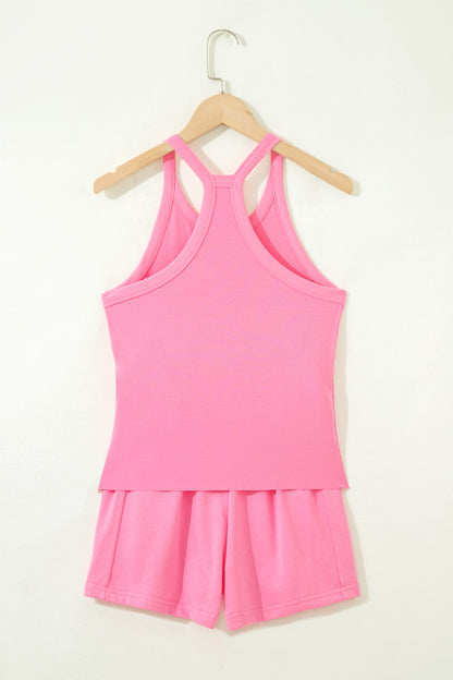Sky Blue Slim Tank Top Elastic High Waist Shorts 2pcs Outfit
