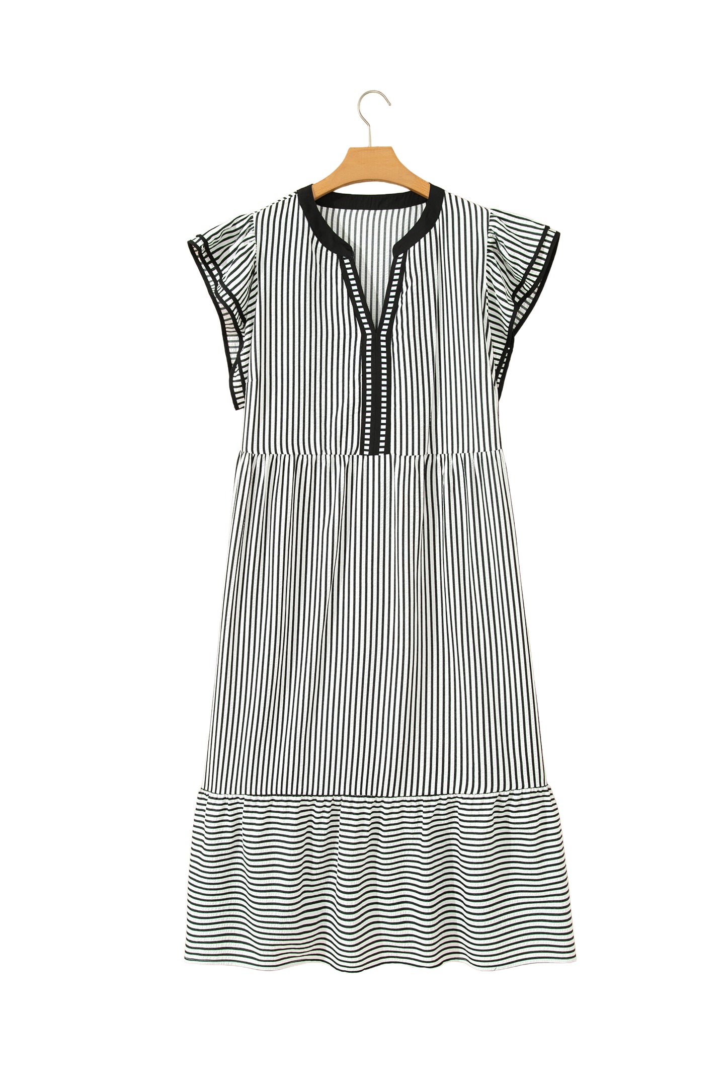Brown Stripe Plus Size Slit V Neck Tiered Flutter Sleeve Maxi Dress