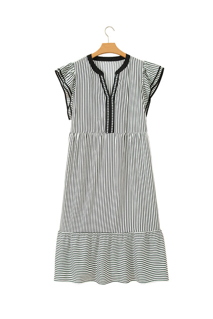 Brown Stripe Plus Size Slit V Neck Tiered Flutter Sleeve Maxi Dress