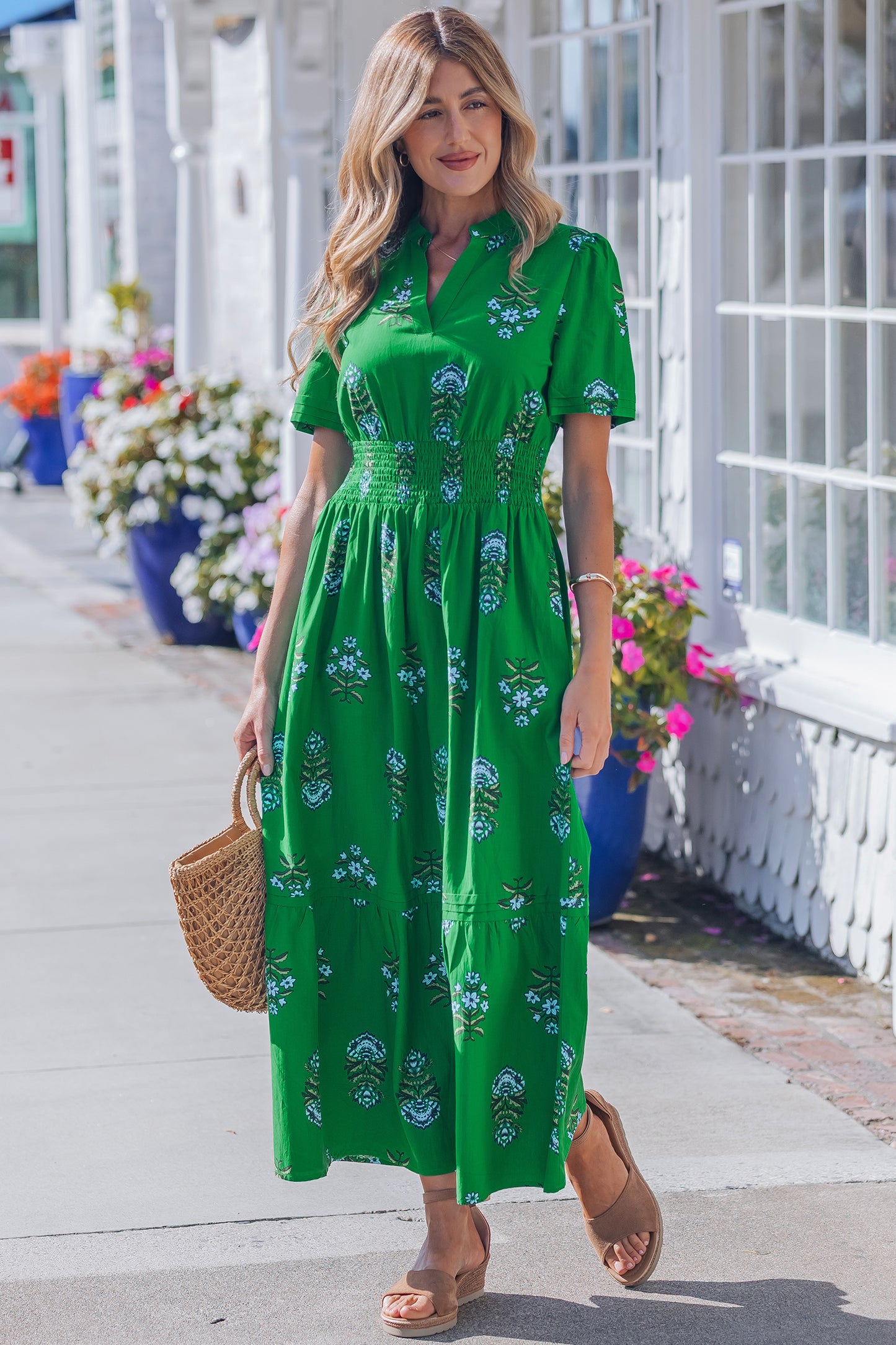 White Floral Print Split Neck Shirred High Waist Ruffle Hem Maxi Dress