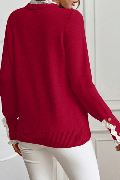 Sleet Lace Trim Patchwork Buttoned Cuffs Loose Sweater