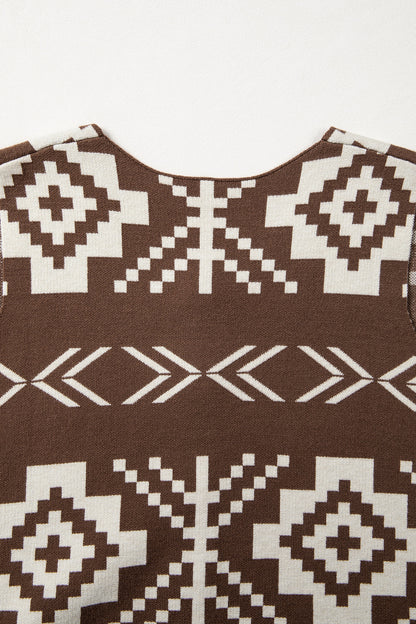 Brown Southwestern Aztec Button Square Neck Sweater Vest