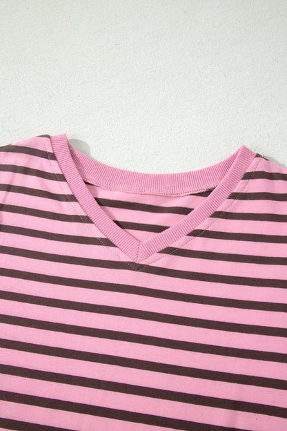 Rose Stripe Striped V-Neck Ribbed Collar Cuff Gathering Puff Sleeve Top