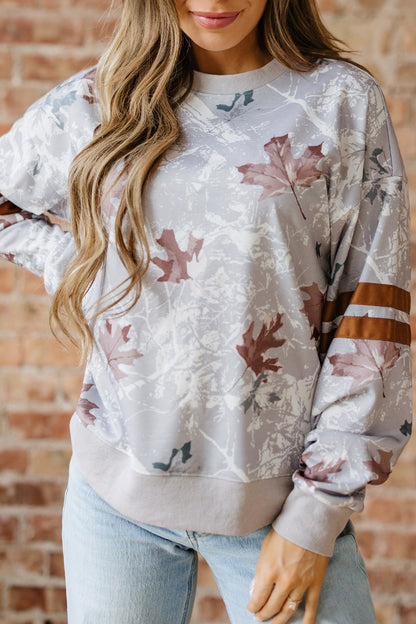 Gray Maple Leaf Camo Print Varsity Striped Sleeve Casual Sweatshirt
