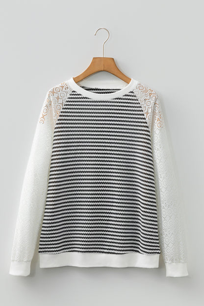 Black Stripe Textured Knit Contrast Hollowed Lace Patchwork Long Sleeve Top
