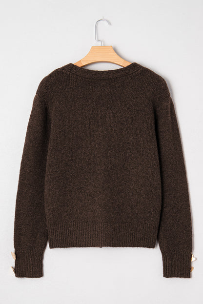 Chicory Coffee Heart Metal Button V Neck Cardigan Sweater