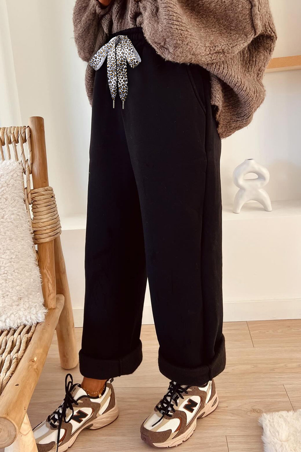 Oatmeal Fleece Lined Leopard Drawstring Elastic Waist Solid Pants