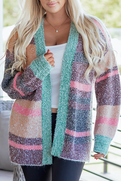 Multicolour Color Block Striped Side Slit Open Front Cardigan