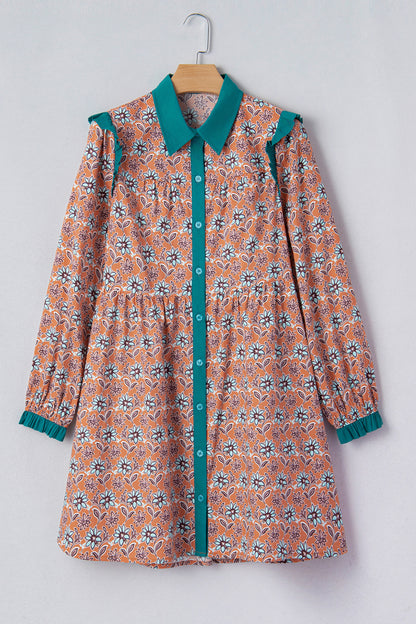 Orange Boho Floral Contrast Collared Shirt Mini Dress