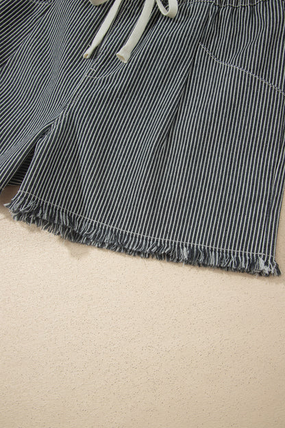 Black Stripe Raw Edge Drawstring Elastic Waist Casual Denim Shorts