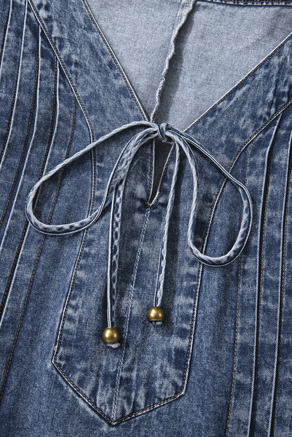 Sail Blue 3/4 Sleeve Tied V Neck Pleated Denim Mini Dress