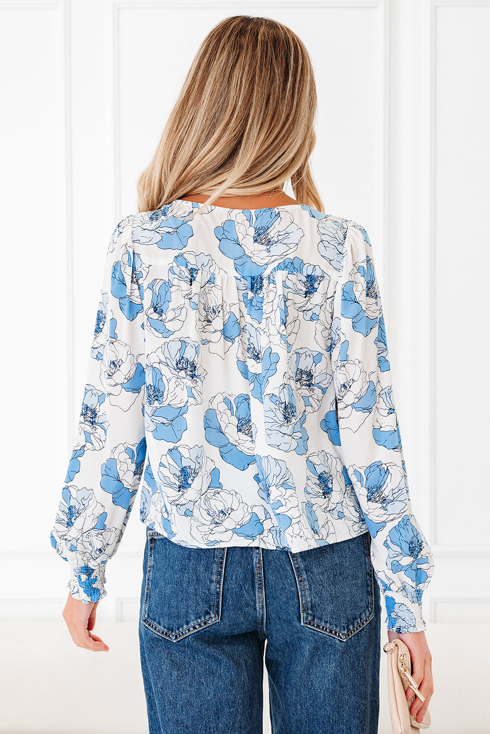 Sky Blue Floral Print Frilly Smocked Square Neck Long Sleeve Blouse