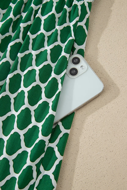 Green Plus Size Geometric Print Pocketed Ruffle Hem Casual Dress