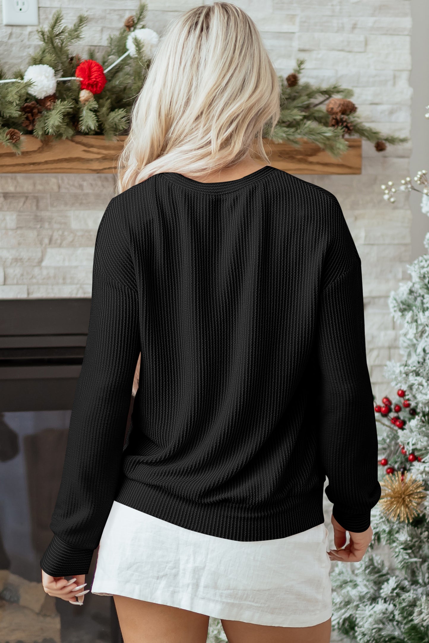 Black Twisted Rib Outlined Merry Letter Graphic Loose Long Sleeve Top