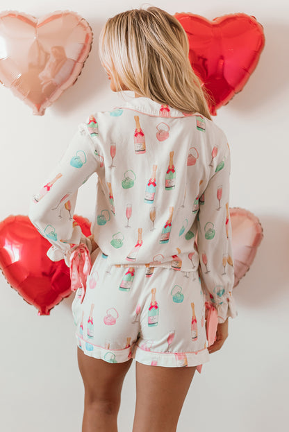Color black Christmas Wine Glass Print Bow Knot Two Piece Pajama Set