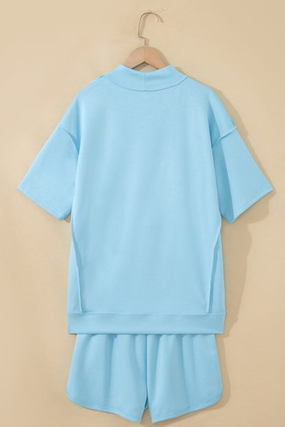 Moonlight Jade Solid Color Exposed Seam Mock Neck Oversize Tee Casual Shorts 2pcs Outfit