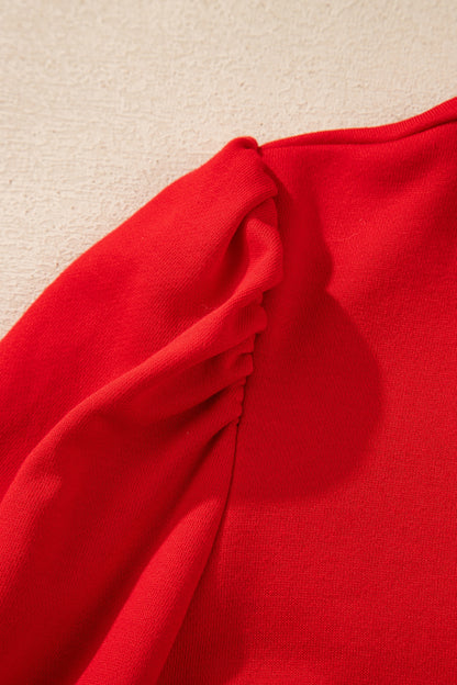 Fiery Red Contrast Striped Collar Patchwork Puff Sleeve Ruffle Hem Mini Dress