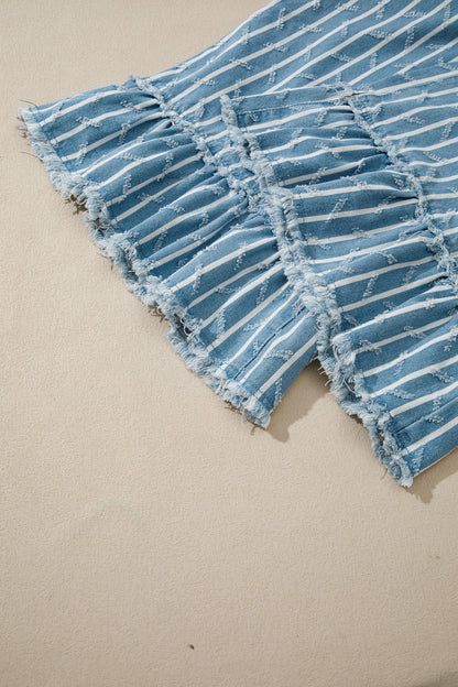 Myosotis Striped Distressed Ruffled Wide Leg Denim Overalls