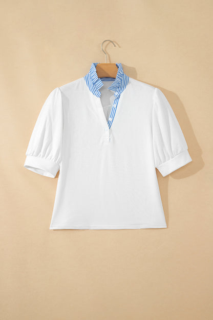 Sky Blue Striped Frilled Collar Short Sleeve Blouse