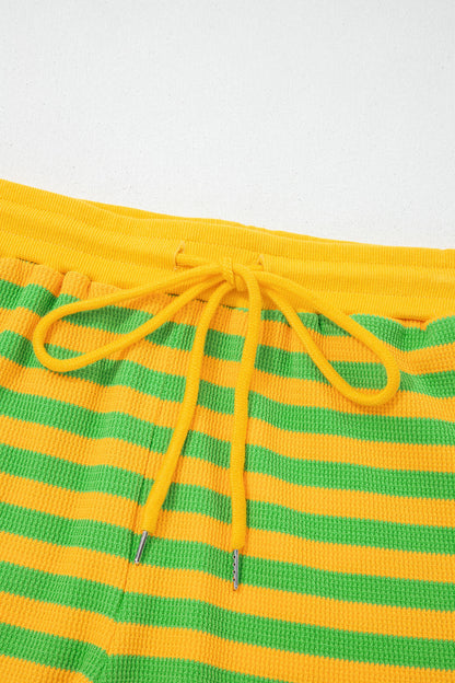 Yellow Stripe Puff Short Sleeve T Shirt Matching Shorts Set