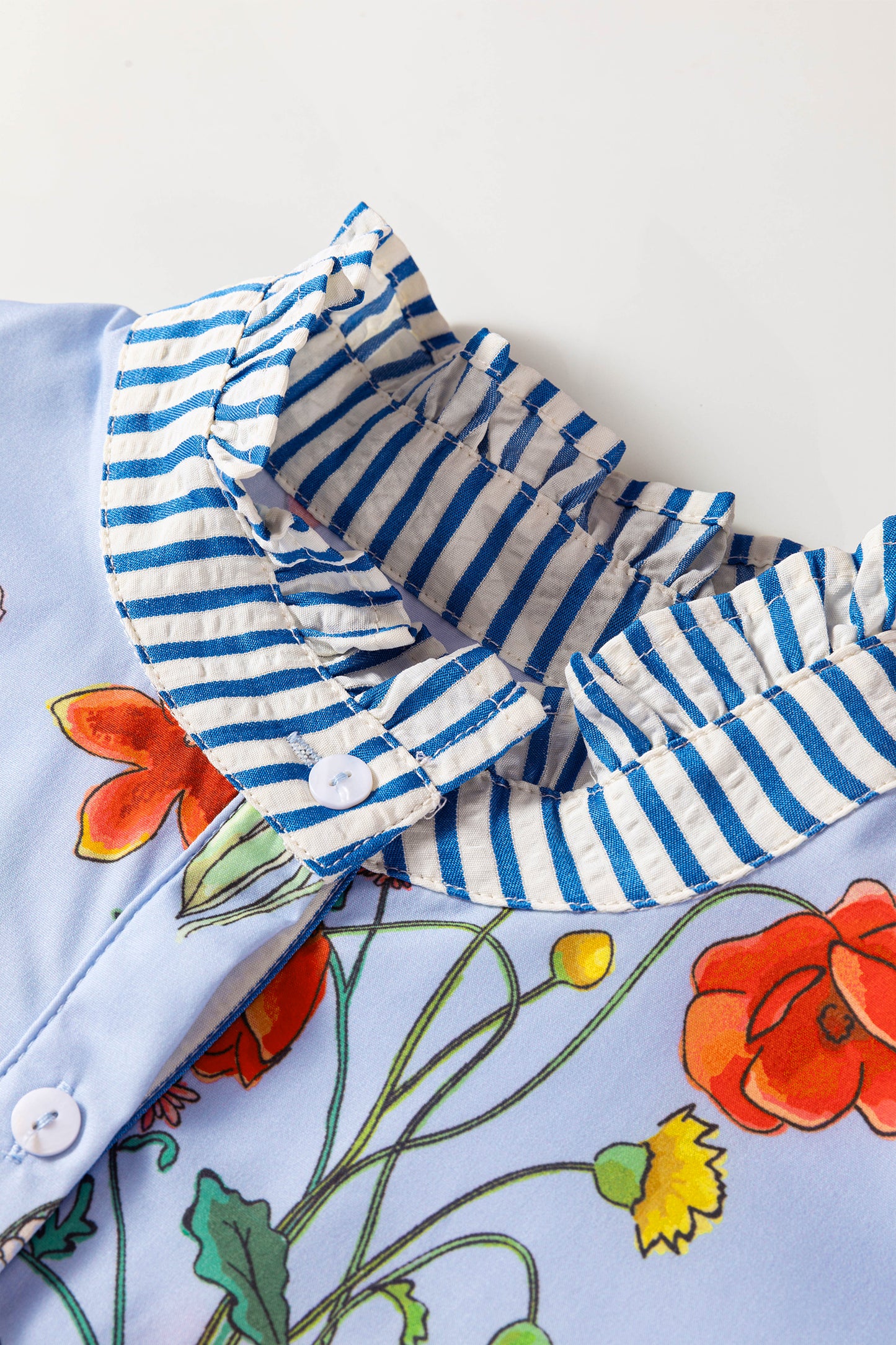 Sky Blue Floral Striped Patchwork Ruffled Collar Short Sleeve Shirt