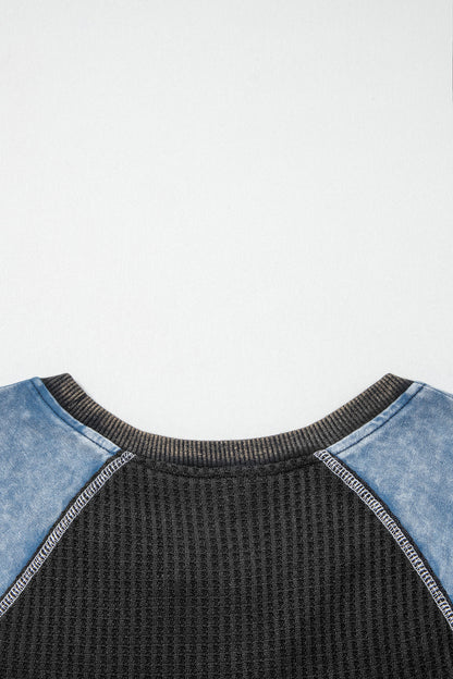 Laurel Green Waffle Knit Seam Detail Color Block Patchwork Short Sleeve Top