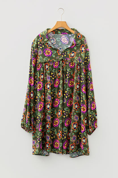 Green Plus Size Floral Print Collared V Neck Loose Mini Dress