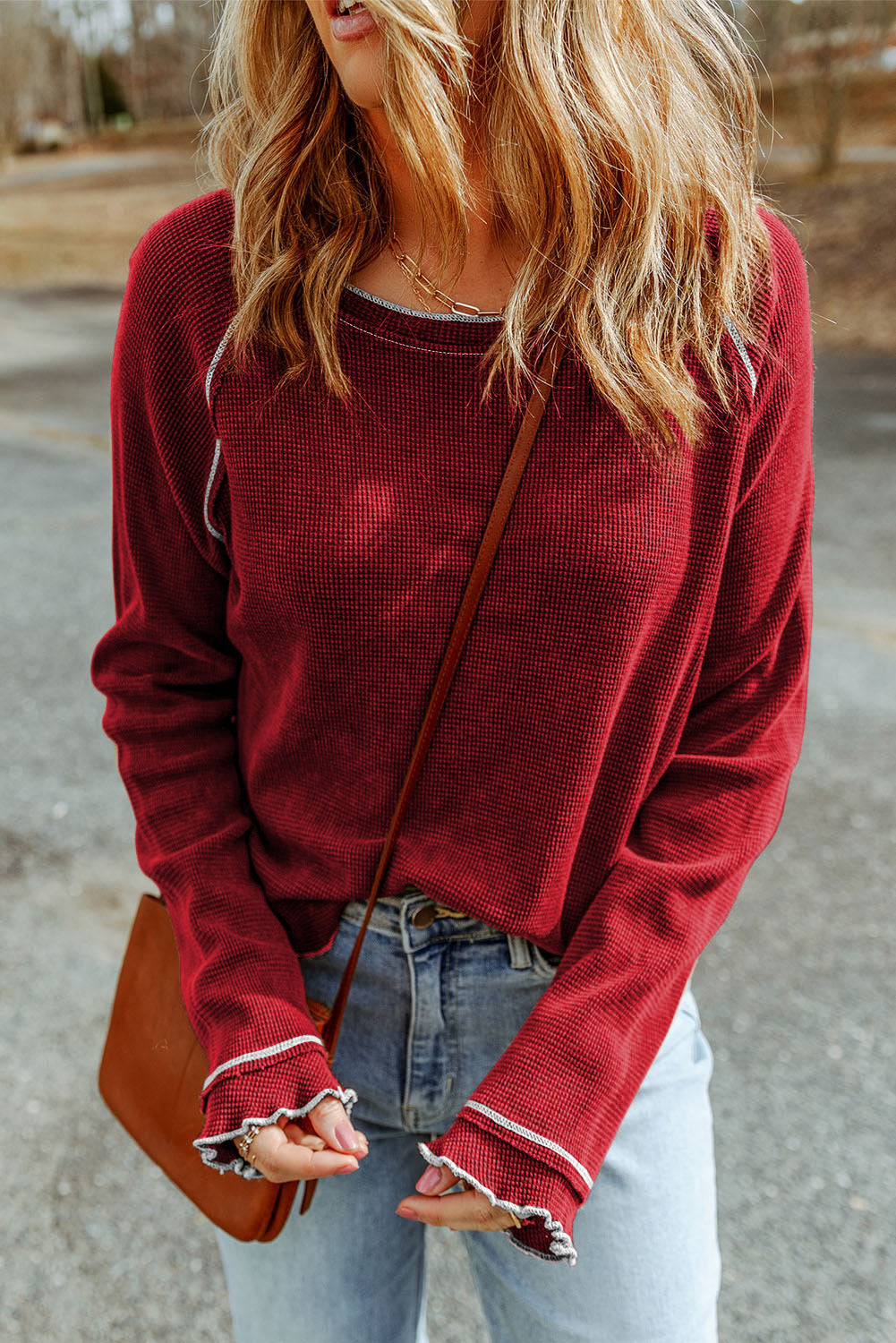 Gray Textured Round Neck Long Sleeve Top