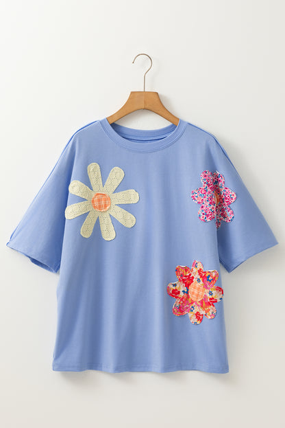 Apricot Flower Patched Exposed Stitching Trim Crew Neck Loose Tee