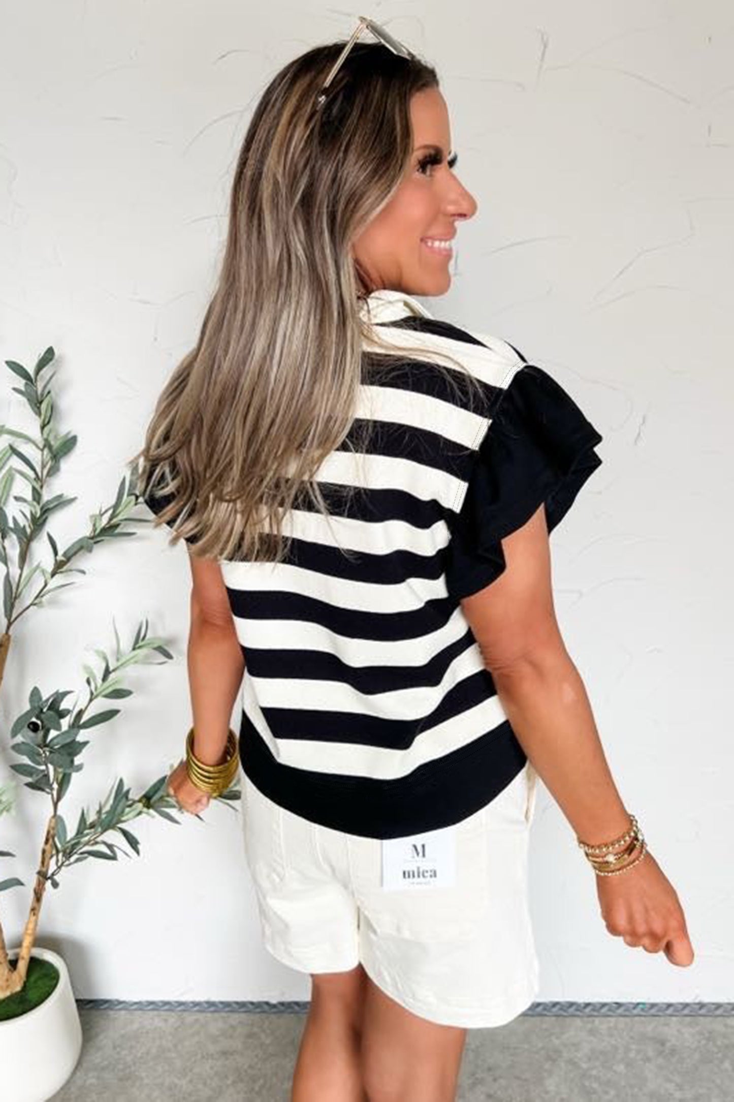 Green Stripe Collar V Neck Ruffled Short Sleeve Blouse