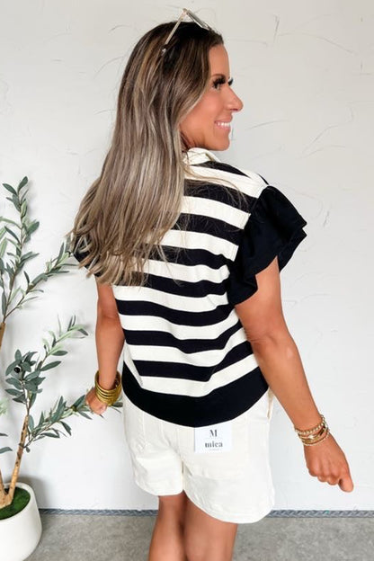 Green Stripe Collar V Neck Ruffled Short Sleeve Blouse