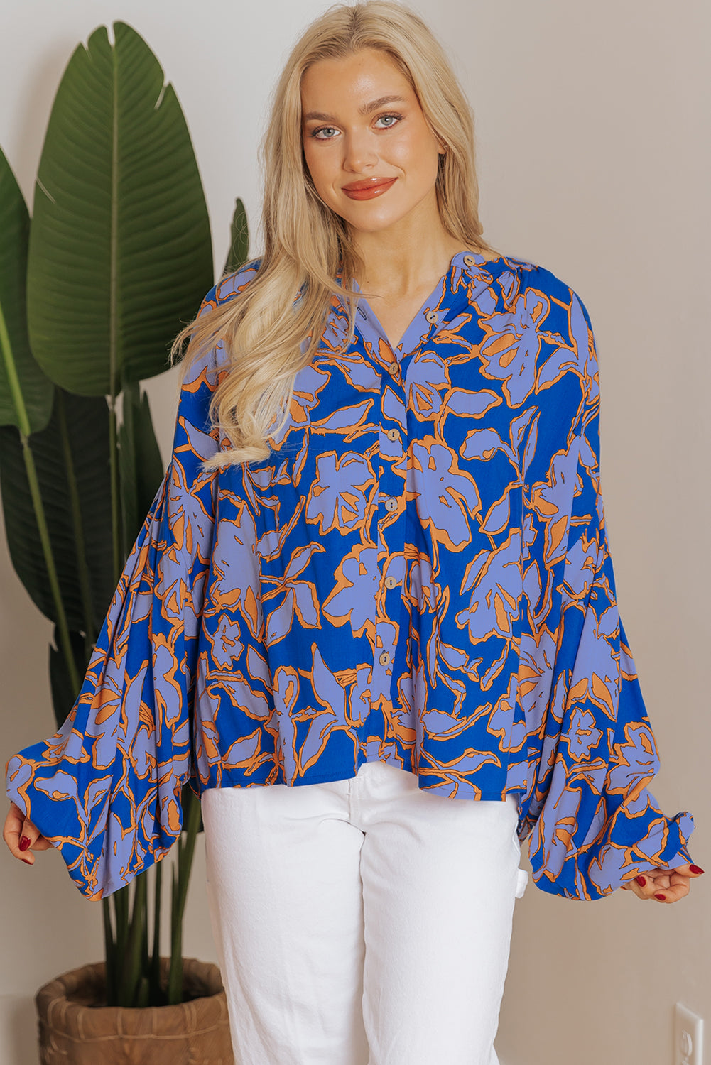 Rose Floral Print Batwing Sleeve Buttoned Loose Fit Shirt