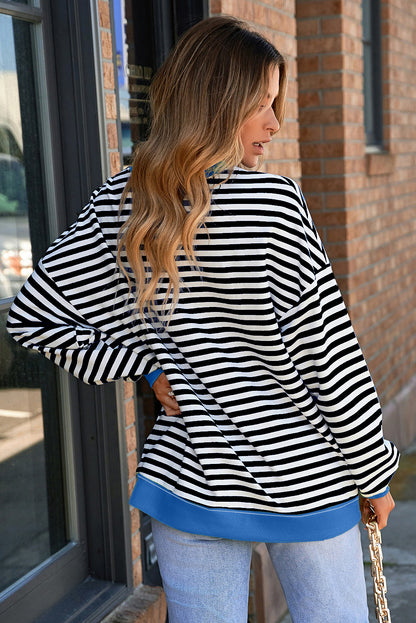 Green Stripe Contrast Ribbed Trim Crossed Stitch Drop Shoulder Sweatshirt