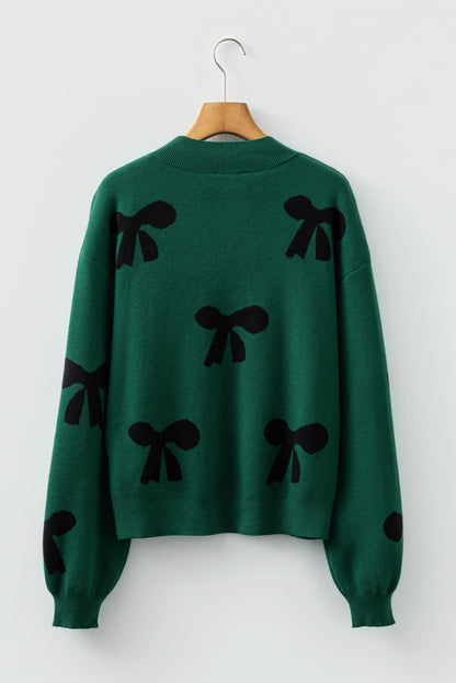 Racing Red Pearl Embellished Bow Pattern Loose Sweater