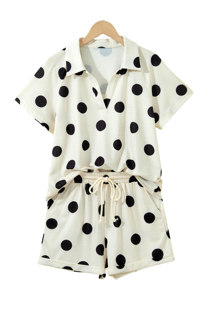 Pink Polka Dot Print V Neck Tee Short Set