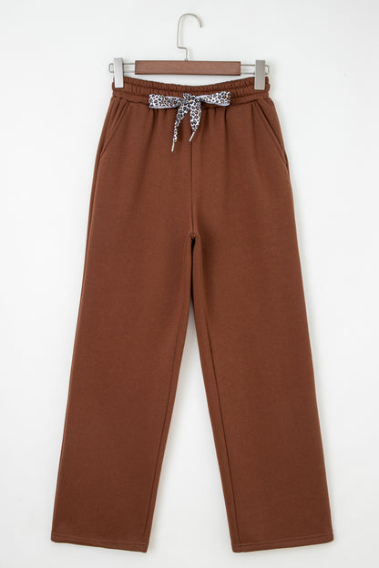 Oatmeal Fleece Lined Leopard Drawstring Elastic Waist Solid Pants