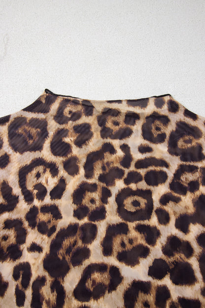 Camel Slim Fit Floral Mesh Long Sleeve Mock Neck Top